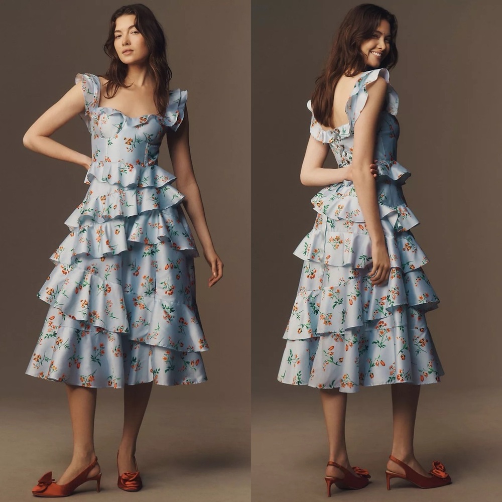 Anthropologie BHLDN Sydney Corset Fit and Flare Ruffle Floral Taffeta Midi Dress